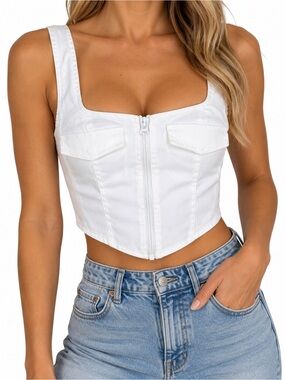 Beige Botany Corset Top Sleeveless Square Neck Crop Top Zip Front White Sz Small